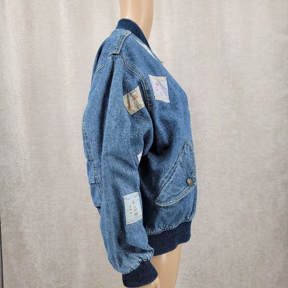 Guess Georges Marciano Vintage 80s Denim Bomber Jacket with Logo Patches RARE